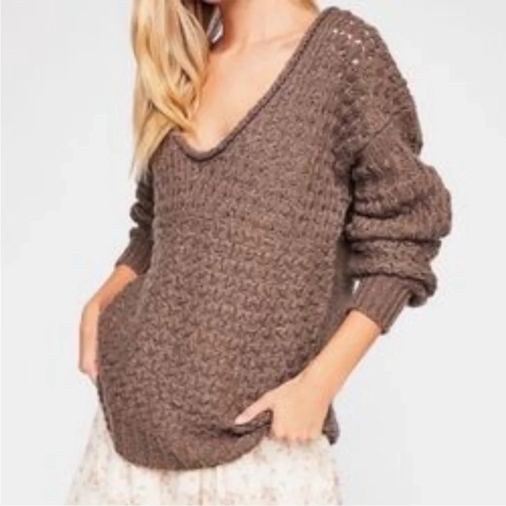 Free People Oversized Crochet Pullover Sweater Brown Size S